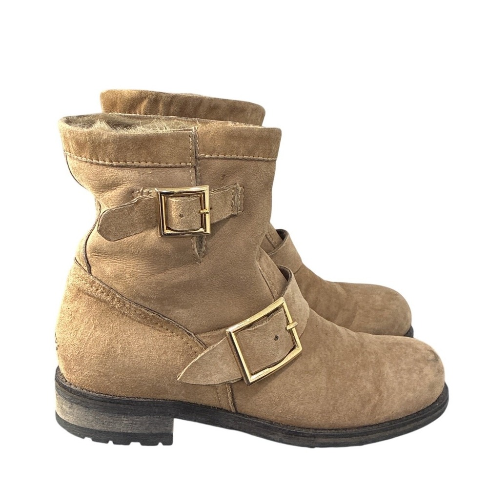 Jimmy Choo Taupe Suede Shearling Moto Boots EU 36 Buckle Ankle Boots